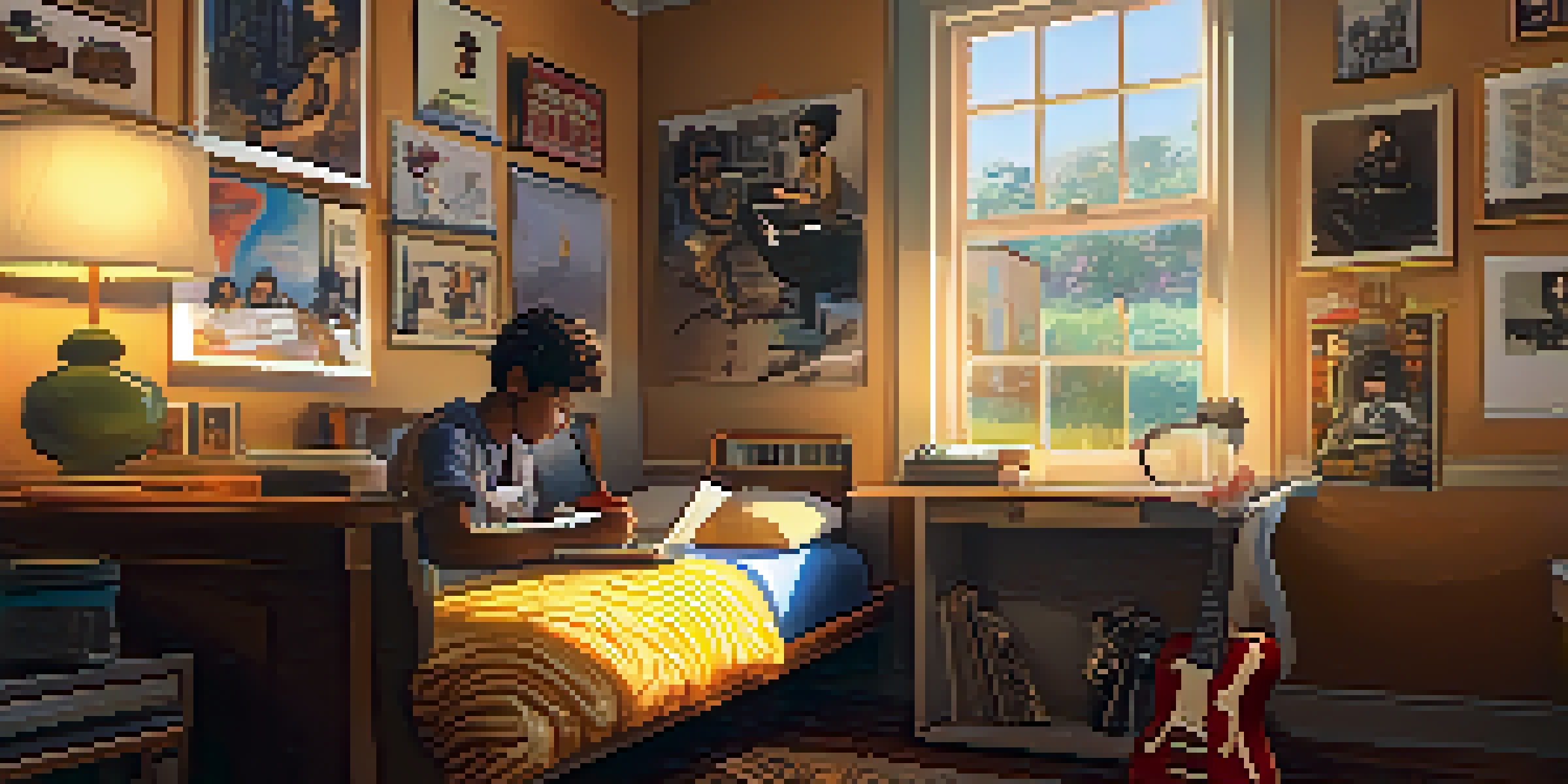 A young musician sitting at a desk in a cozy bedroom, writing lyrics in a notebook with sunlight filtering through the window.