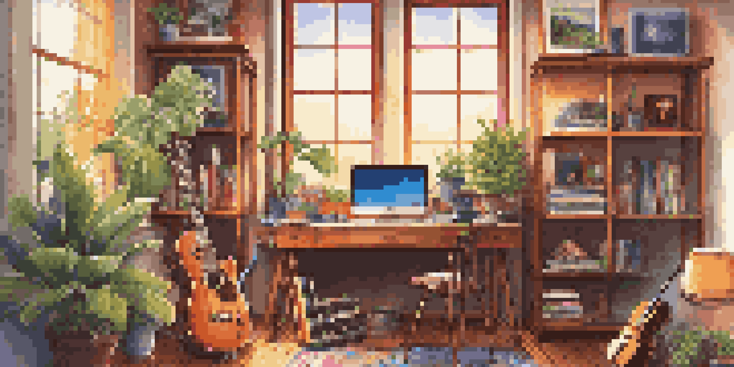 A cozy home office with musical instruments and a laptop showing a music licensing platform, illuminated by sunlight.