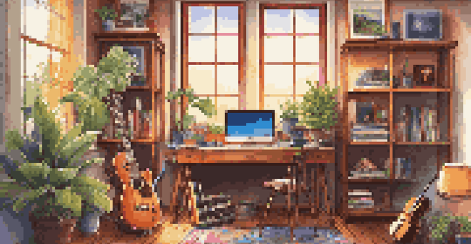 A cozy home office with musical instruments and a laptop showing a music licensing platform, illuminated by sunlight.