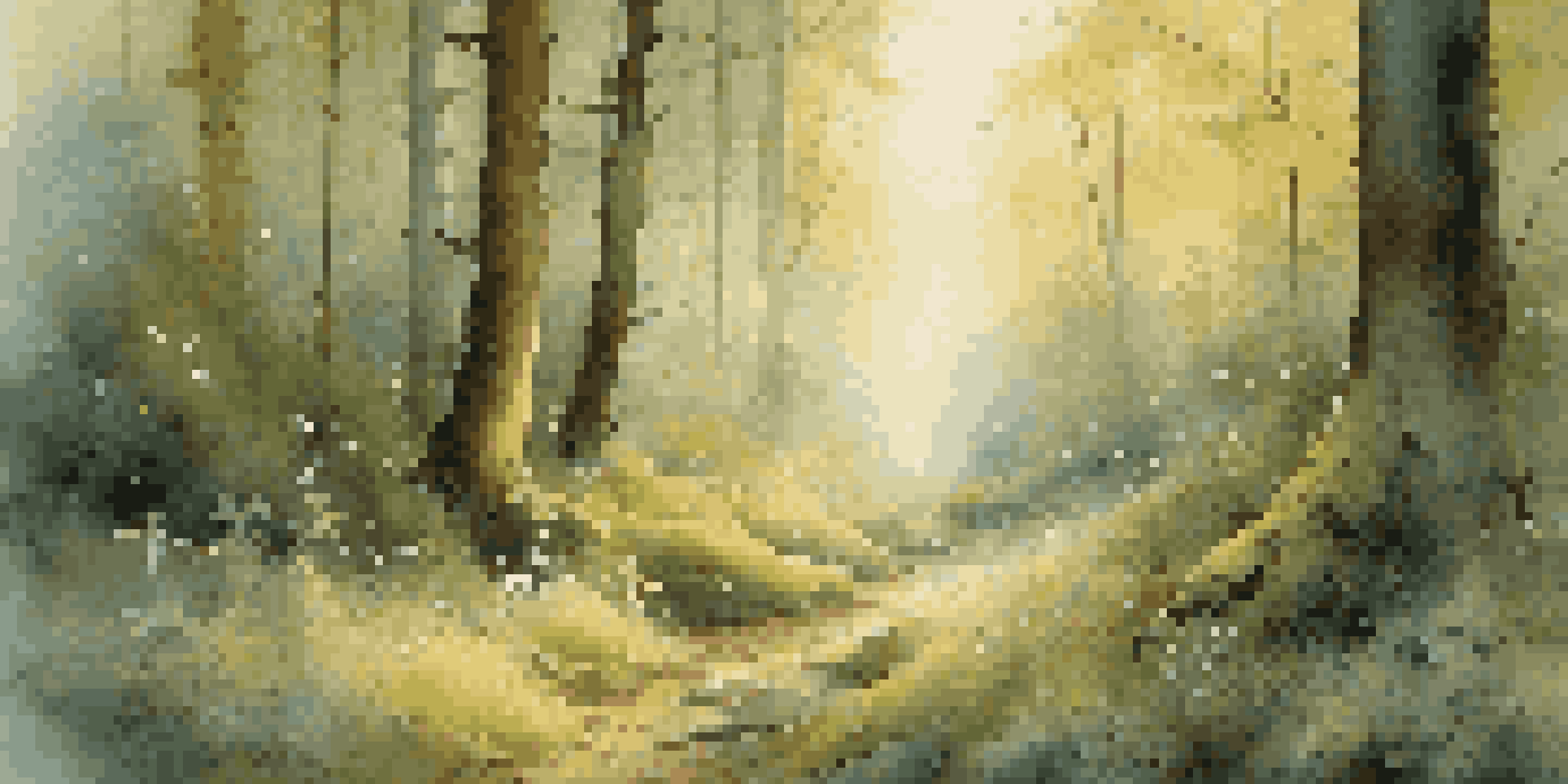 A peaceful forest at dawn, illuminated by soft golden light, with mossy ground and wildflowers, evoking a sense of tranquility.