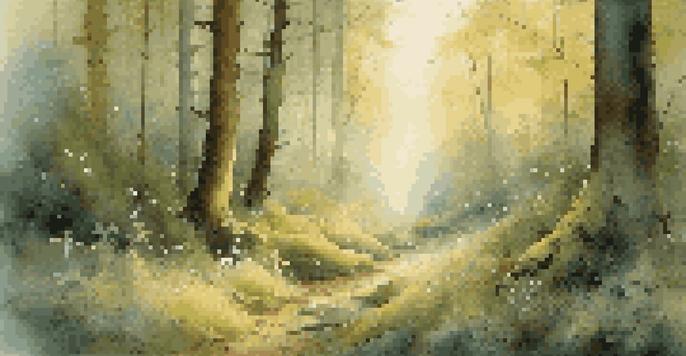 A peaceful forest at dawn, illuminated by soft golden light, with mossy ground and wildflowers, evoking a sense of tranquility.