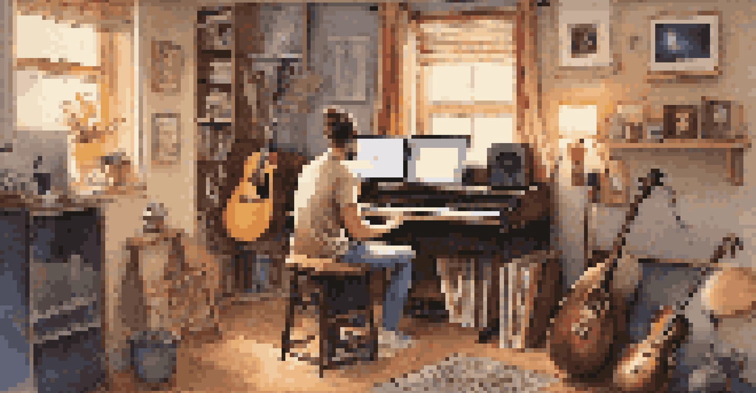 A musician in a cozy studio interacting with fans on social media, surrounded by musical instruments and a warm atmosphere.