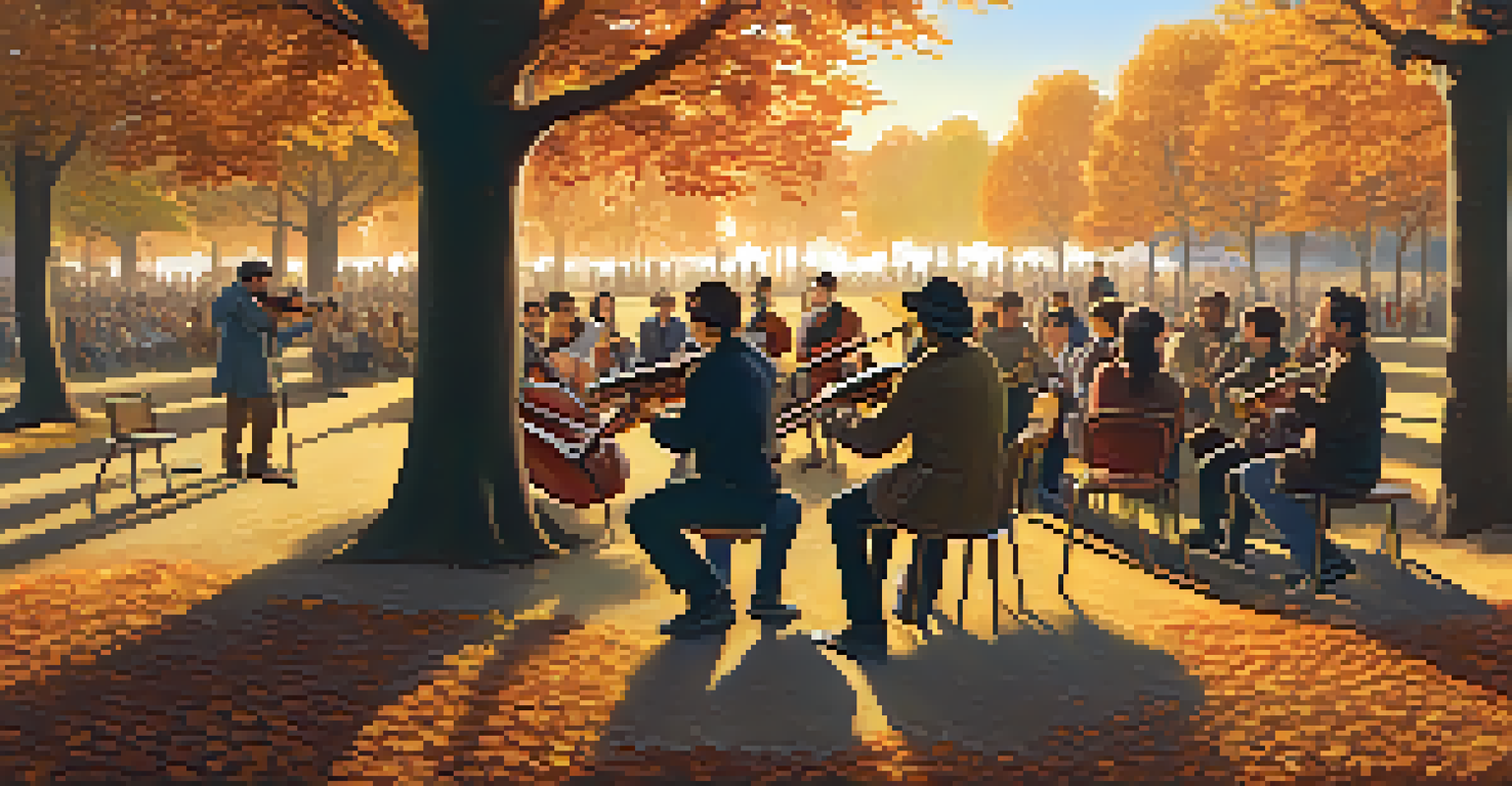 Musicians playing folk music in a park with an audience singing along, surrounded by autumn colors and a sunset in the background.