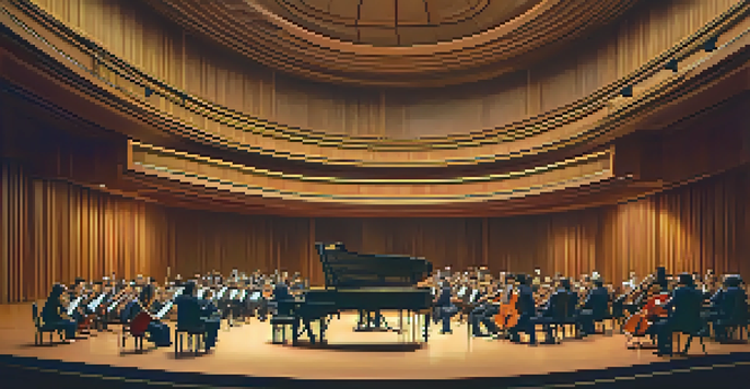 A beautiful concert hall filled with musicians playing instruments, warm lighting, and sound waves visually represented.
