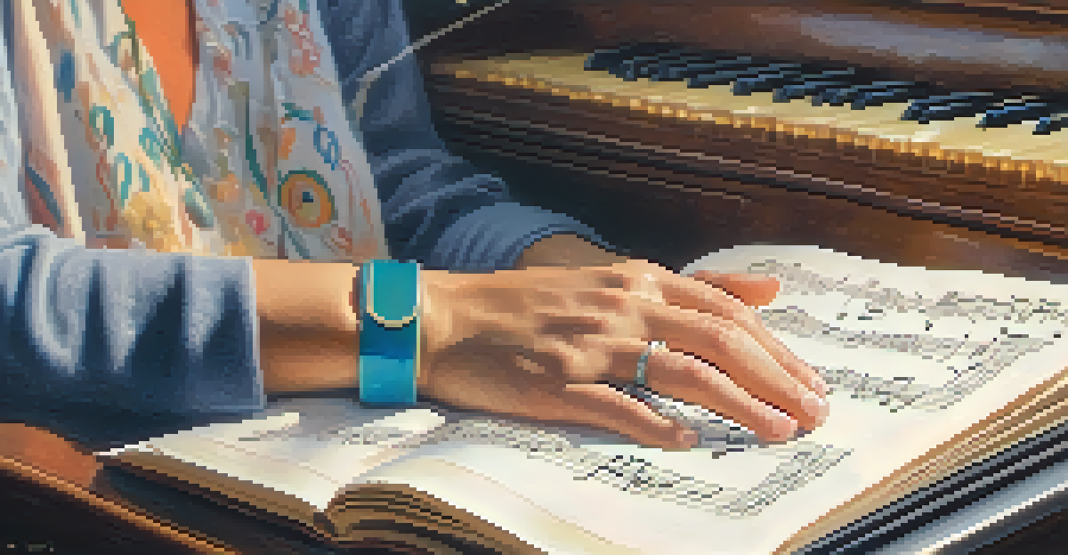 A close-up of a patient's hand on a music therapy playlist, surrounded by a warm and comforting environment.