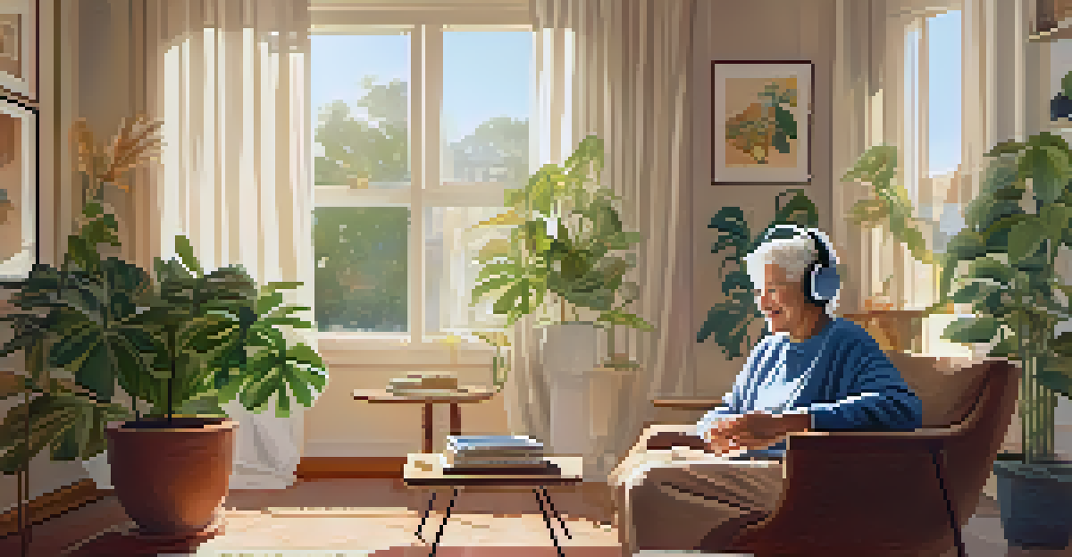 An elderly person enjoying music with headphones in a bright living room filled with family photos and plants, showing a joyful expression.