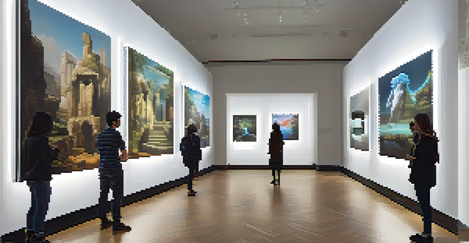 A modern gallery featuring augmented reality art, with visitors engaging with digital elements on paintings.