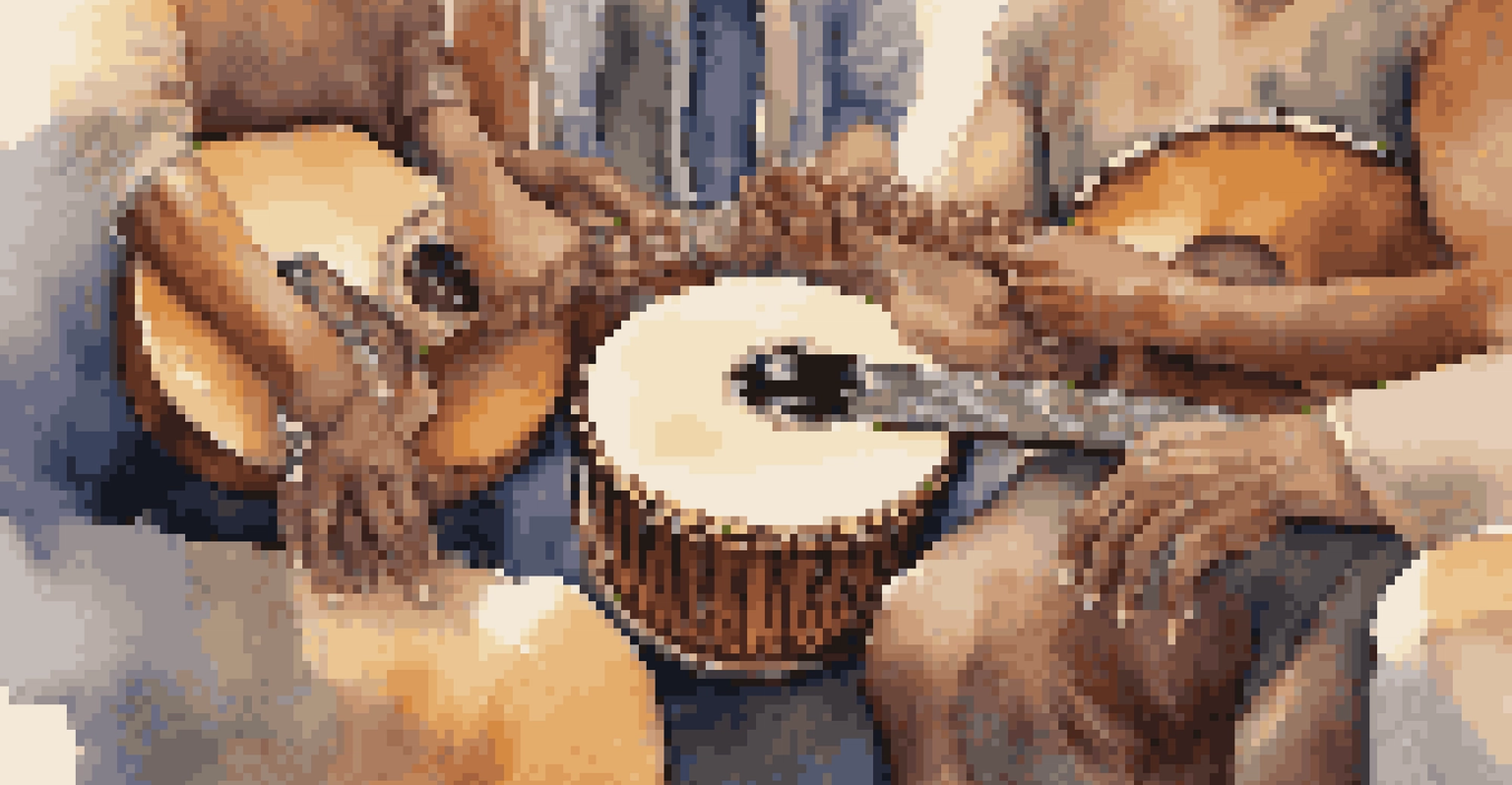 Close-up of hands holding various musical instruments, set against a blurred background of a community gathering.