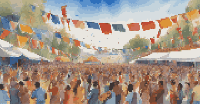 A lively outdoor music festival featuring diverse performers and an audience from various cultures, with colorful flags and warm sunlight.