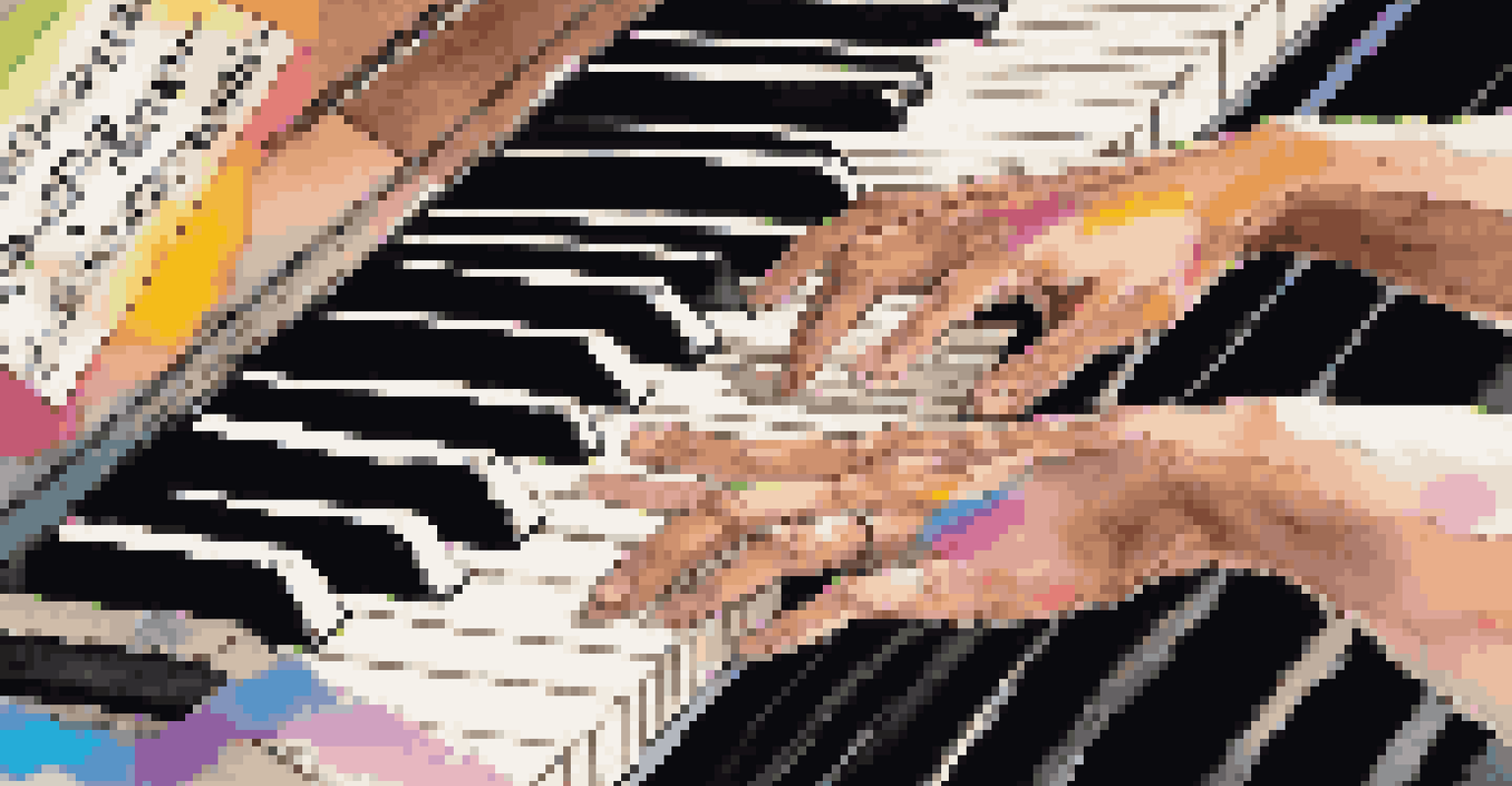 A close-up of hands on a piano, with sheet music and colorful notes, in a warm-lit setting.