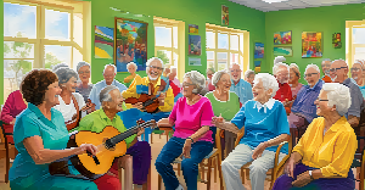 A group of elderly individuals participating in a joyful music therapy session, singing and playing colorful instruments with a therapist.