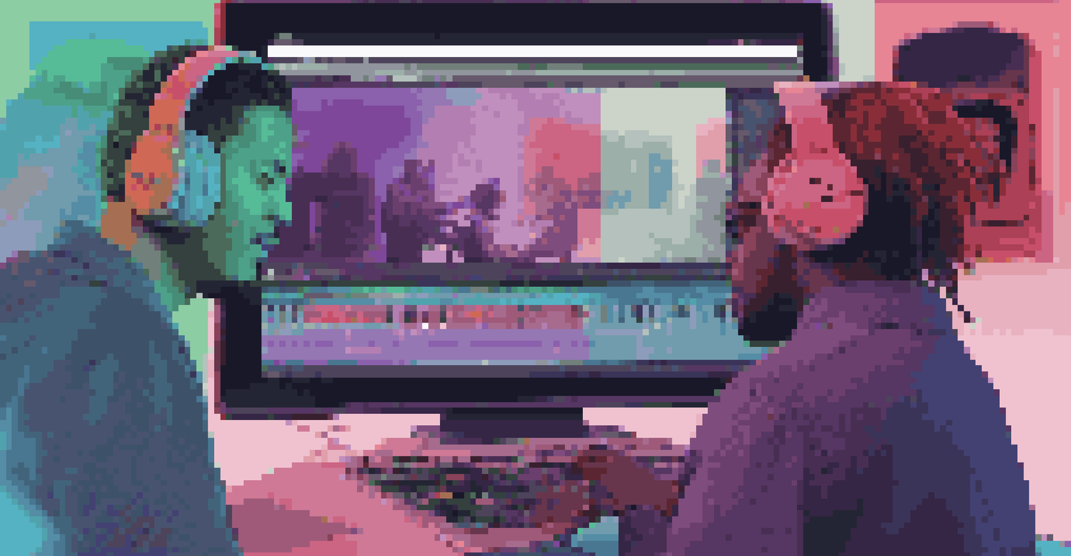 A laptop screen displaying a digital music collaboration with a split view of musicians working remotely, showcasing a vibrant audio workstation.
