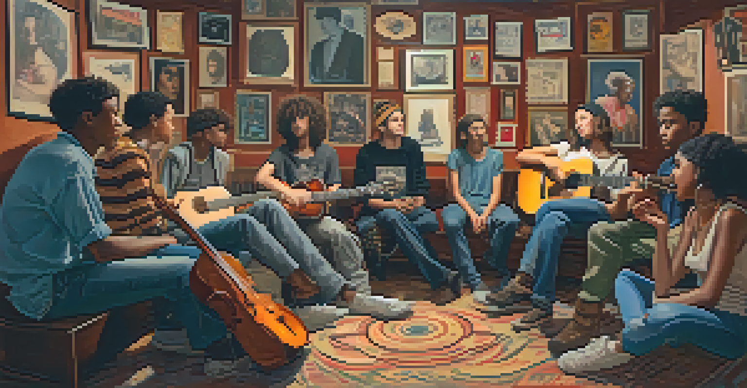 A group of young people discussing political music in a cozy room filled with musical instruments and posters.