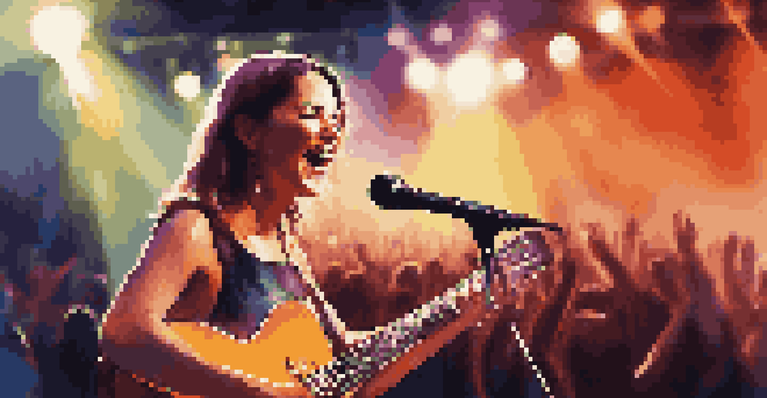 A female musician playing guitar on stage, with a blurred crowd in the background showing enthusiasm.