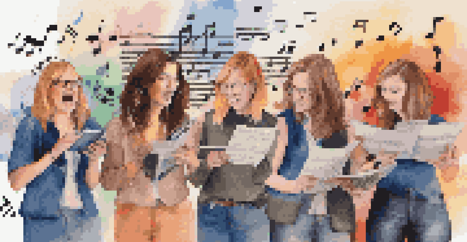 A collage of female music journalists interviewing artists and engaging with audiences, against a colorful musical backdrop.