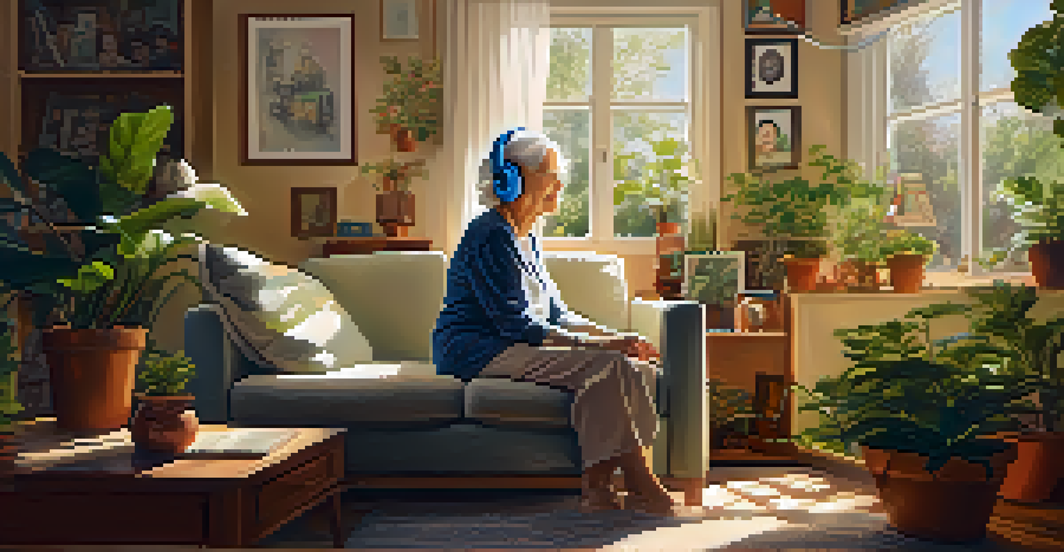 An elderly woman enjoying music with headphones in a cozy living room, surrounded by family photos and plants, evoking a sense of nostalgia.