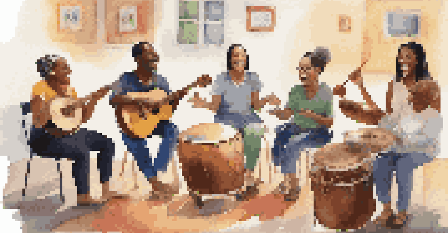 A diverse group of patients in a circle playing instruments and enjoying a music therapy session.