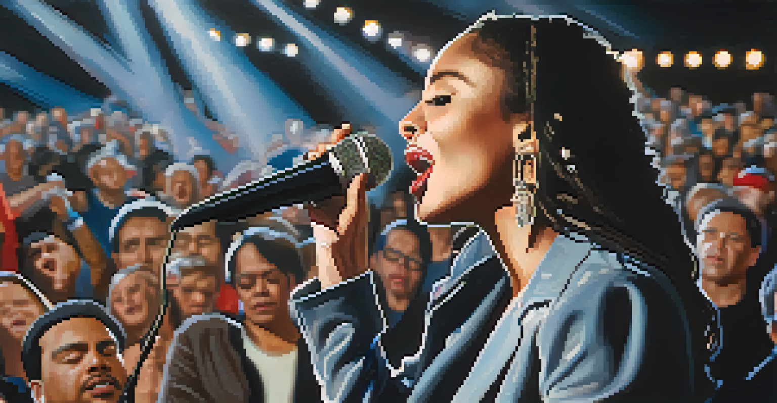 A close-up of a passionate singer performing at a protest rally, with a blurred crowd in the background.
