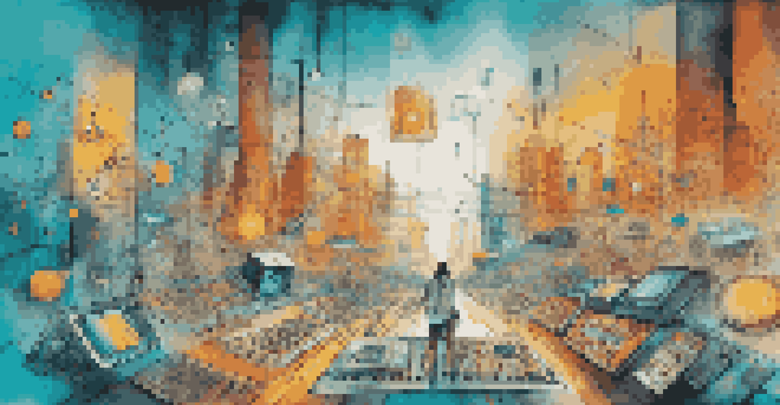 A digital landscape illustrating the influence of technology on music publishing with streaming icons and artists using devices.