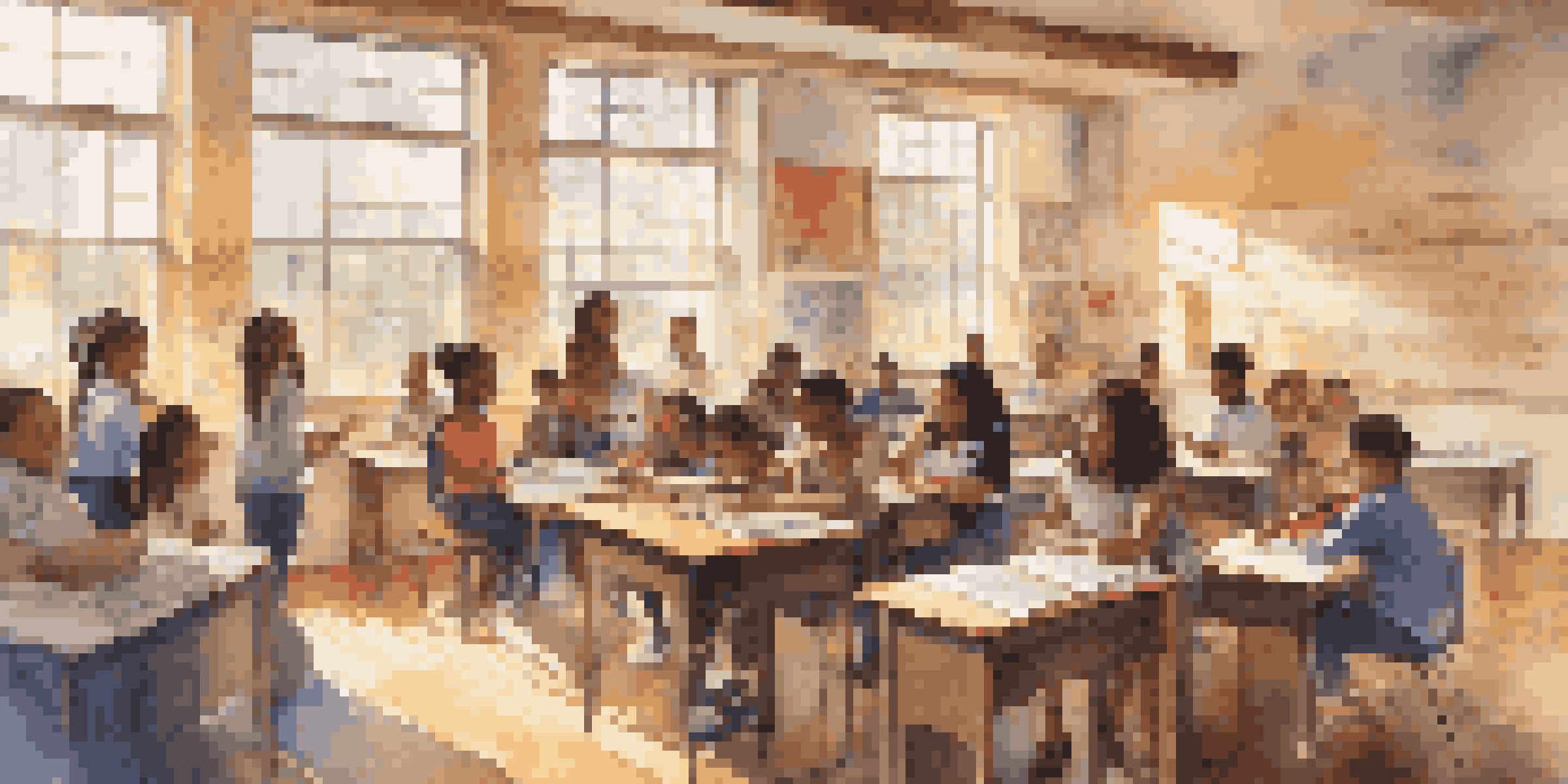 A lively classroom with students from different backgrounds participating in a music education activity, surrounded by cultural instruments and bright sunlight.
