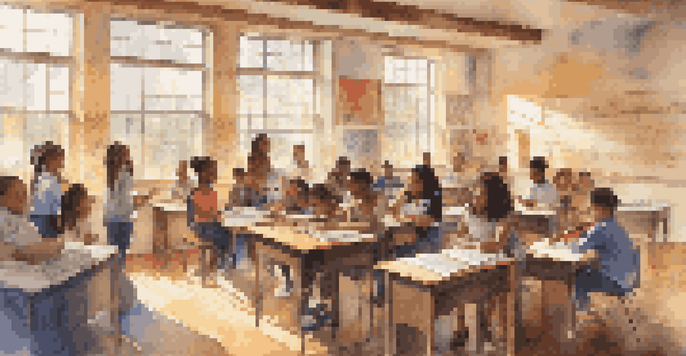 A lively classroom with students from different backgrounds participating in a music education activity, surrounded by cultural instruments and bright sunlight.