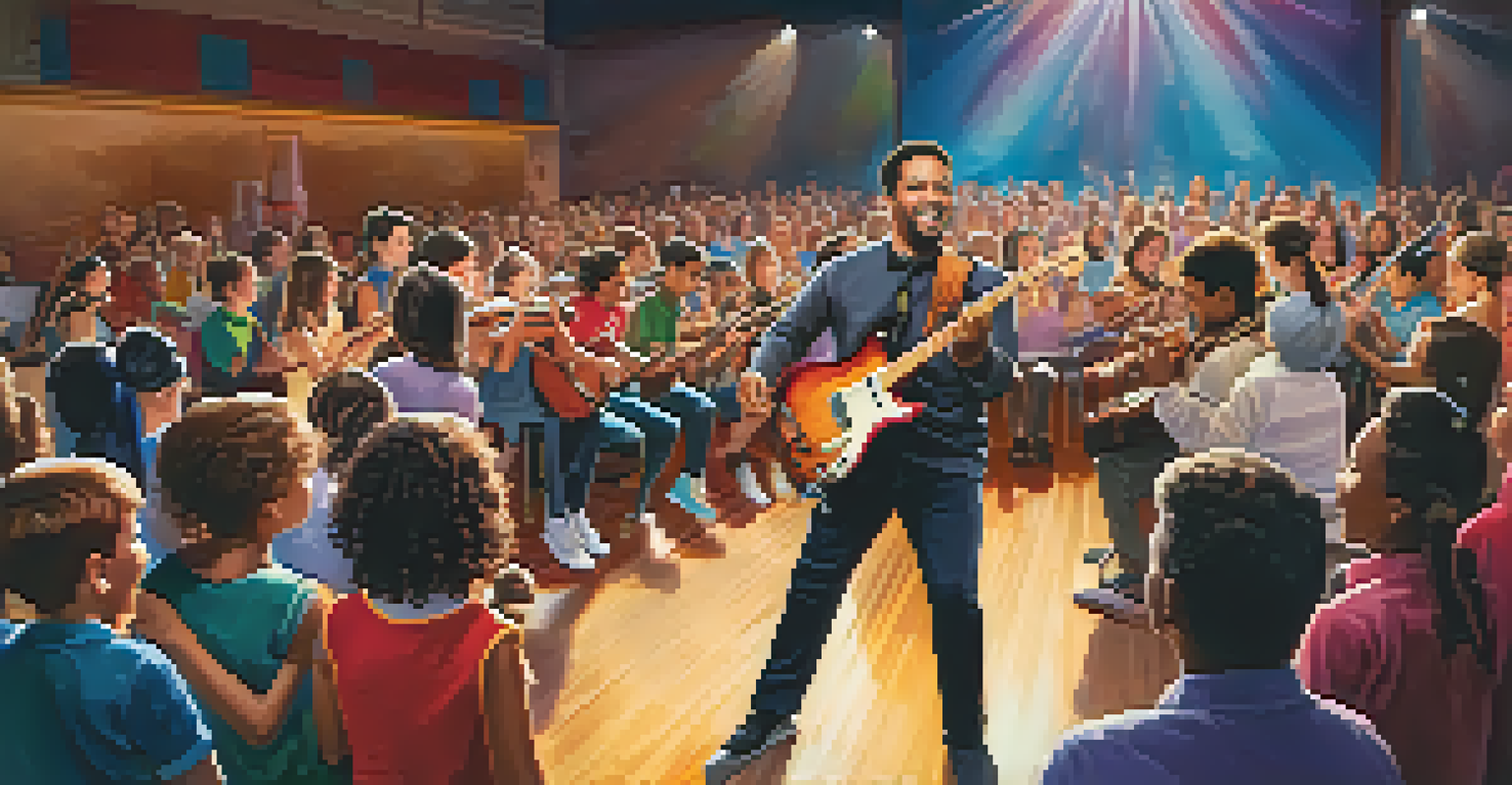 A lively school band performance in an auditorium, with musicians and an engaged audience.