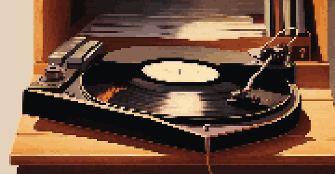 A close-up view of a spinning vinyl record on a turntable, with warm lighting and a wooden shelf in the background.