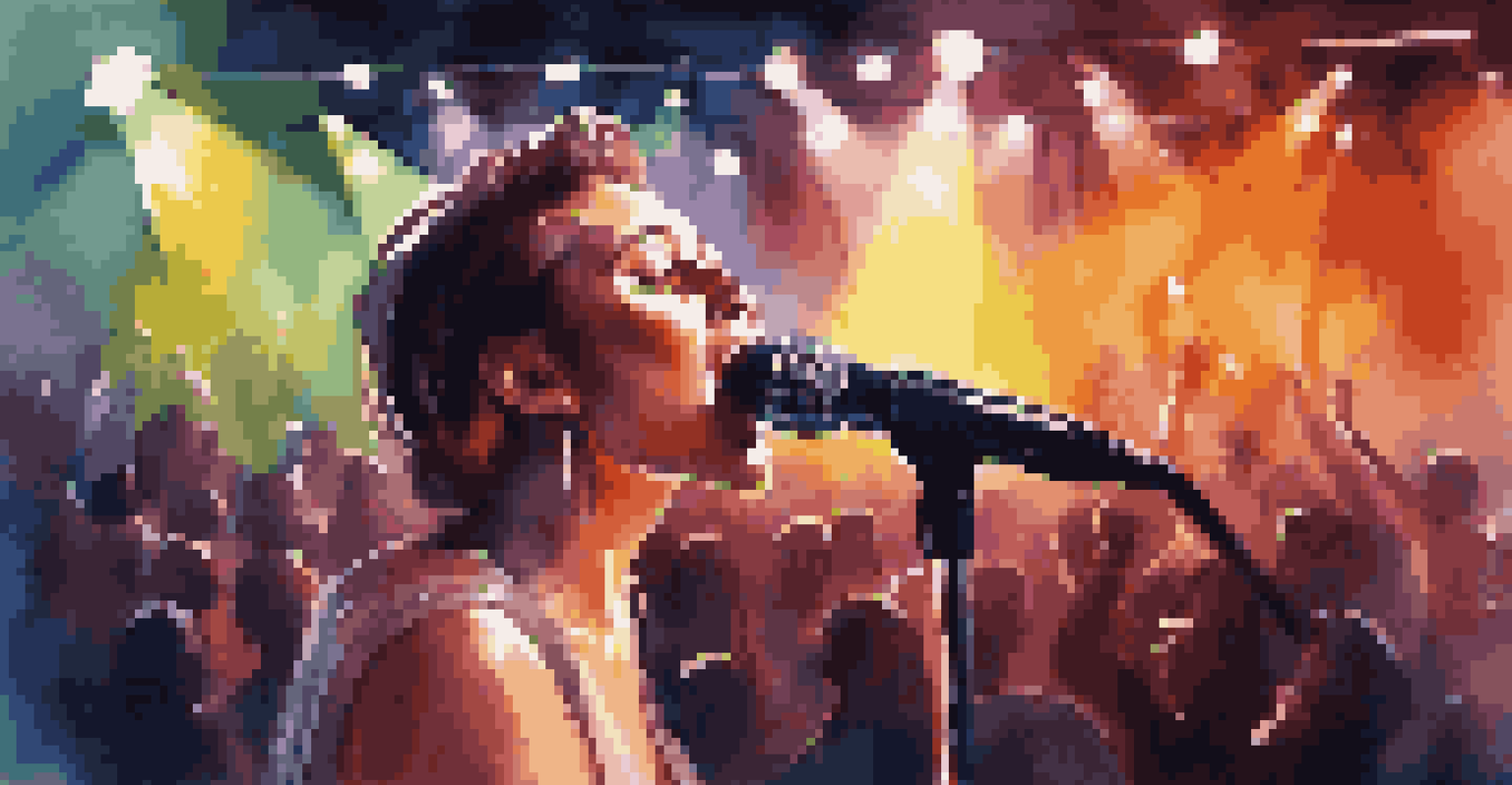A passionate singer performing on stage with colorful lights and an engaged audience.