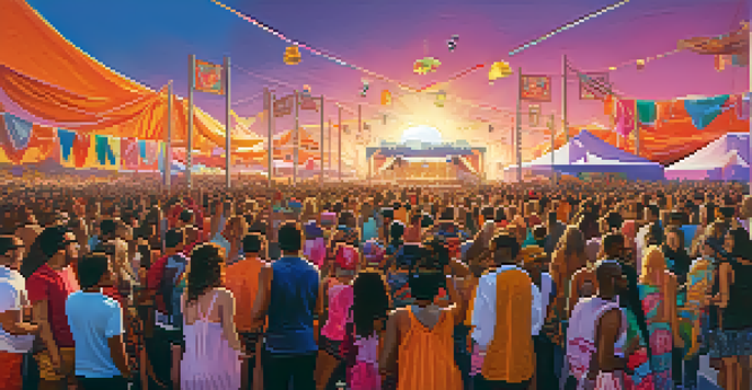A lively music festival with diverse attendees in colorful outfits, a stage with performers, and a sunset in the background.