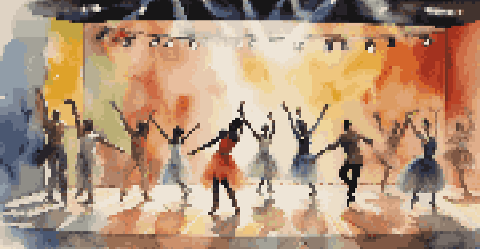 A diverse group of performers dancing on a modern stage with vibrant lighting and an engaged audience.