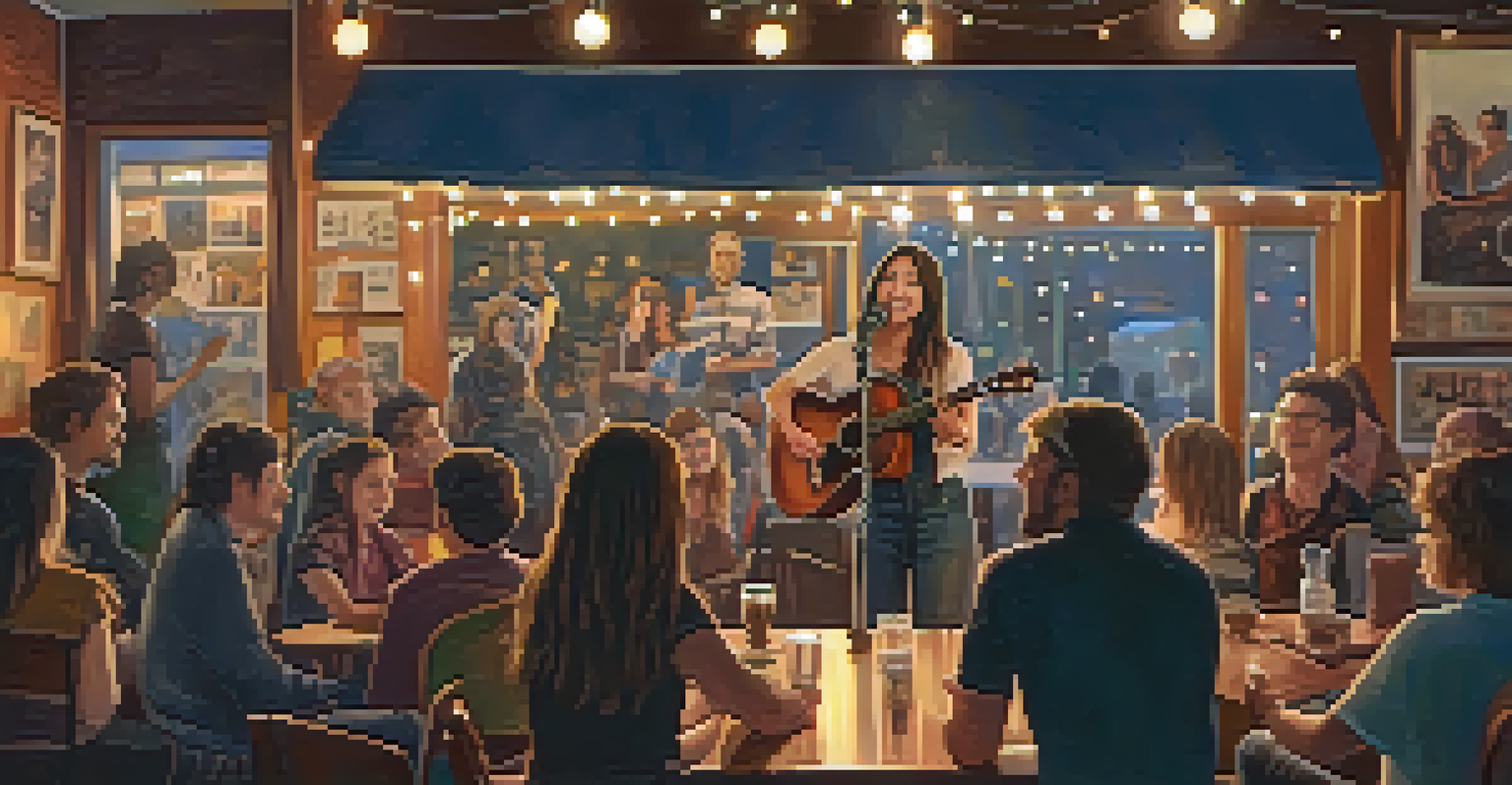 A cozy open mic night at a café with a young woman singing while an engaged audience listens.