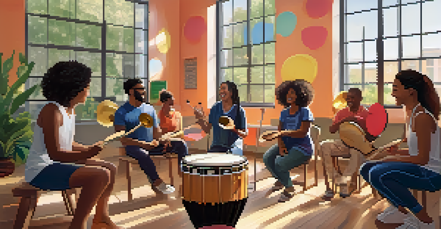 A diverse group of people engaged in a music therapy session, playing instruments together in a bright and welcoming environment.