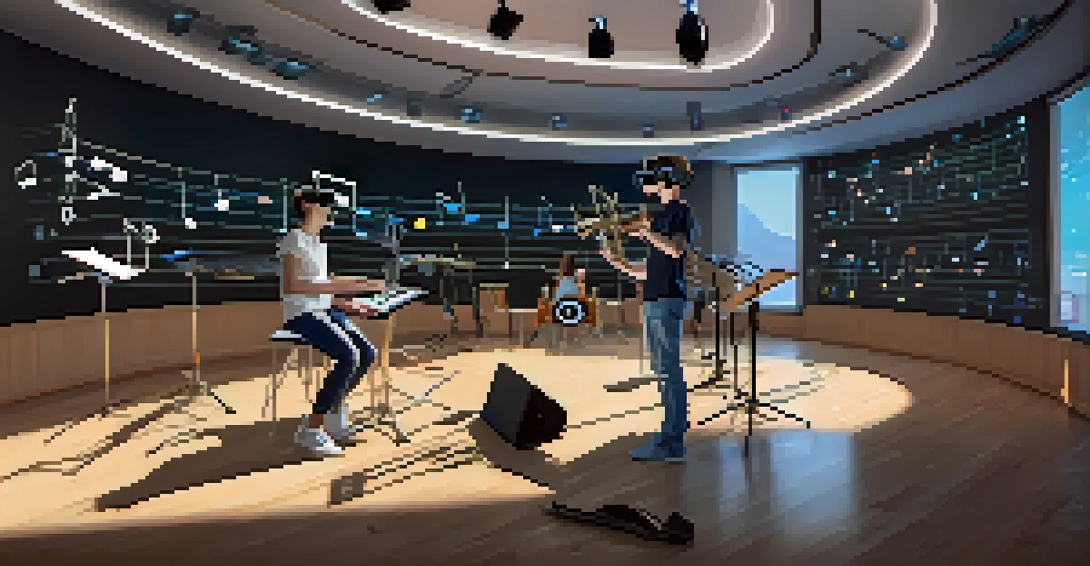 A student in a virtual reality environment, interacting with virtual instruments and music theory displays.