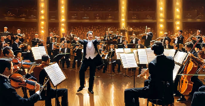 A conductor passionately leading an orchestra, surrounded by musicians playing instruments, with warm stage lights illuminating the scene.