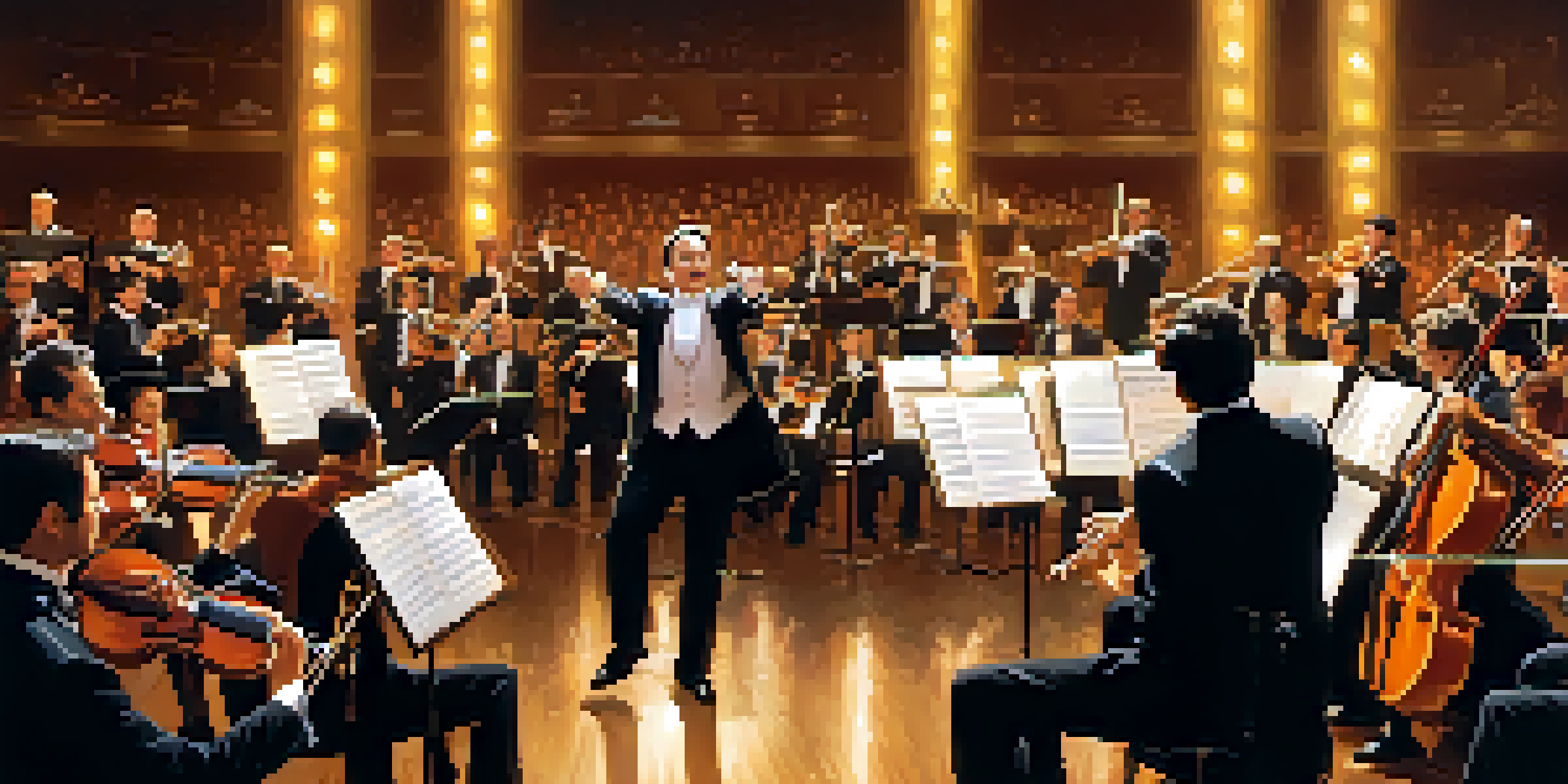 A conductor passionately leading an orchestra, surrounded by musicians playing instruments, with warm stage lights illuminating the scene.