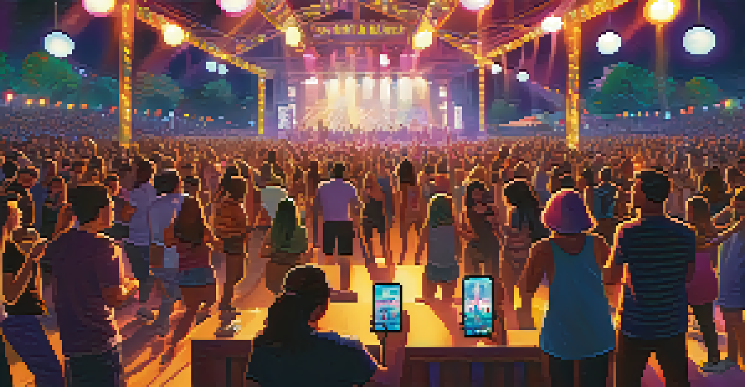 A lively music festival with diverse crowds enjoying performances under colorful lights.