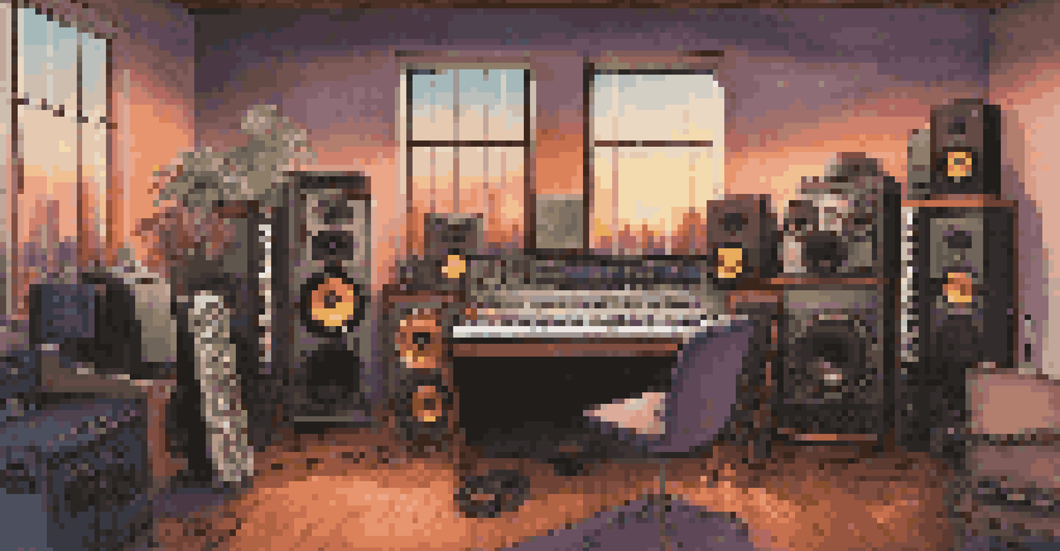 A modern music studio filled with technology and instruments, with posters of diverse artists on the walls and a sunset city skyline in the background.