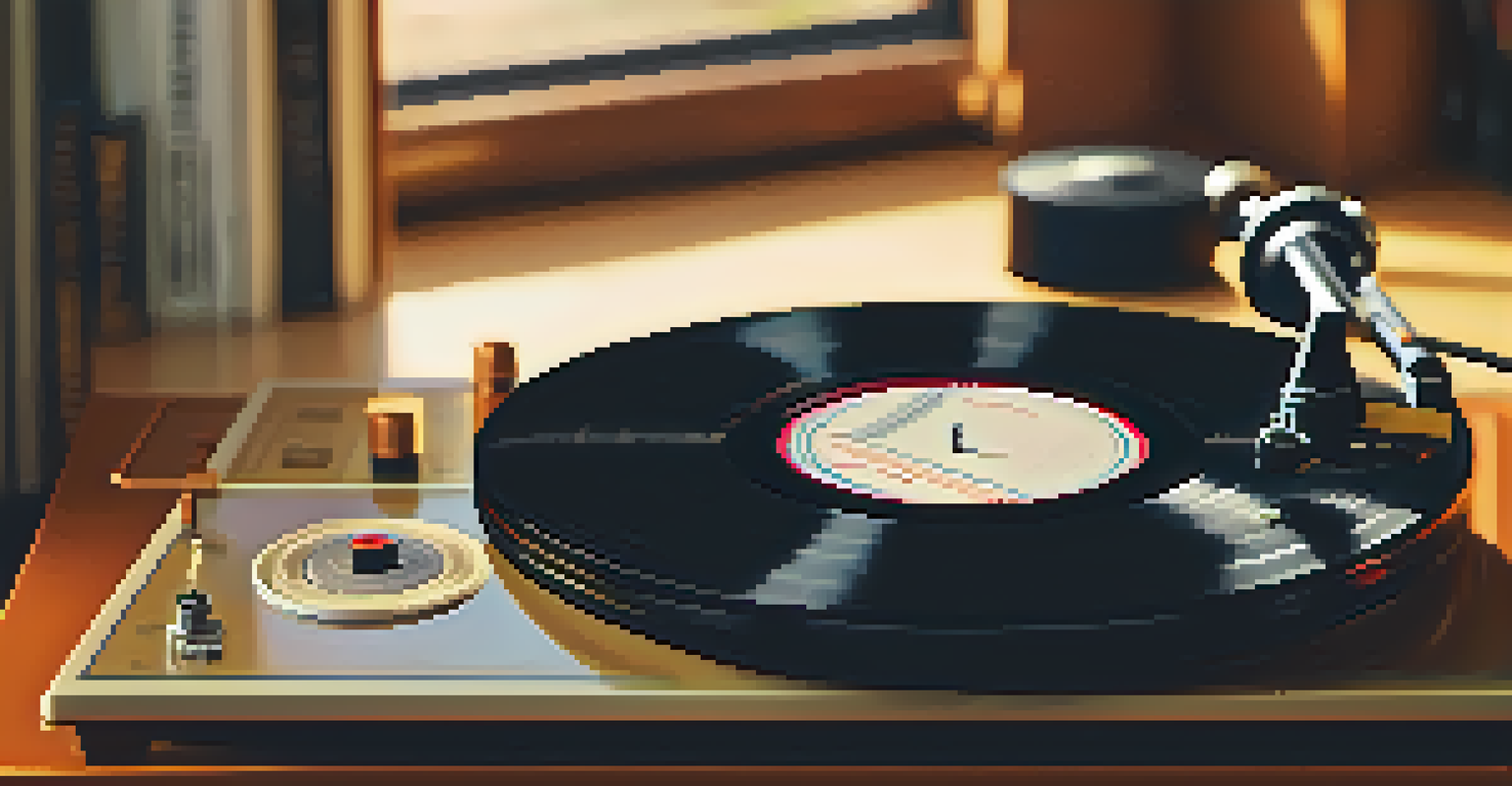A close-up of a spinning vinyl record on a turntable in a cozy, nostalgic setting.