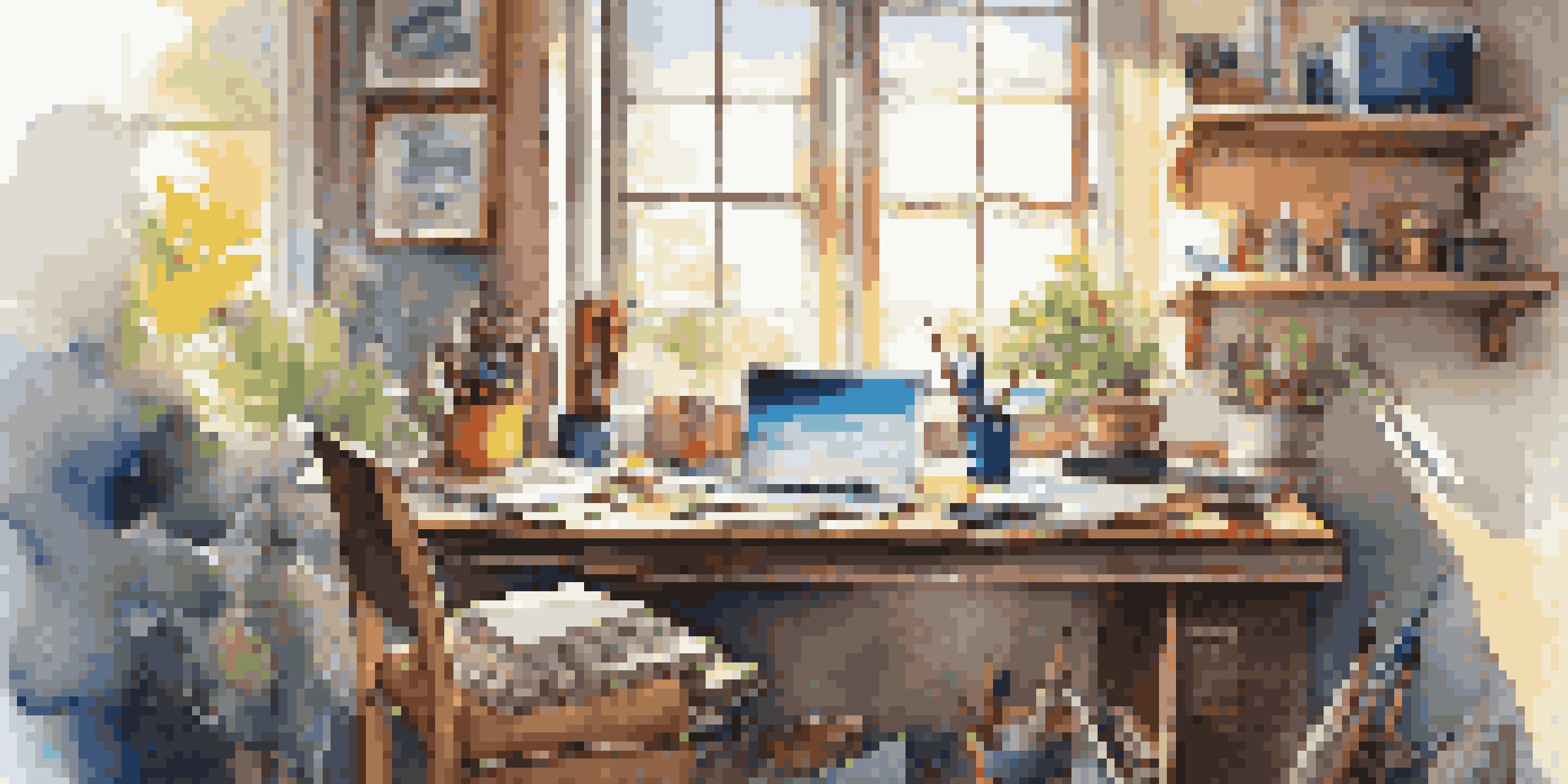 A bright and organized workspace with a laptop, notebooks, and art supplies, illuminated by natural light.