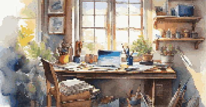 A bright and organized workspace with a laptop, notebooks, and art supplies, illuminated by natural light.