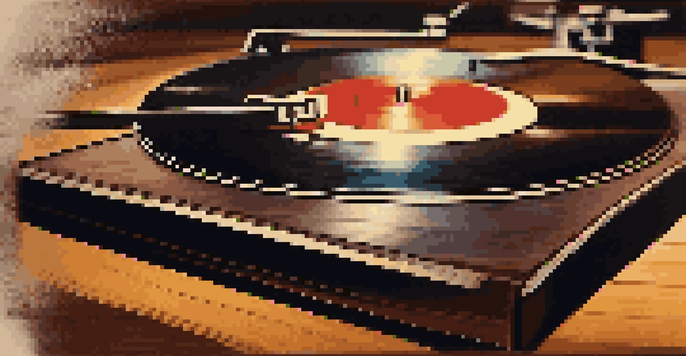 A vintage vinyl record spinning on a turntable with a needle gliding over it, illuminated by soft warm lighting.