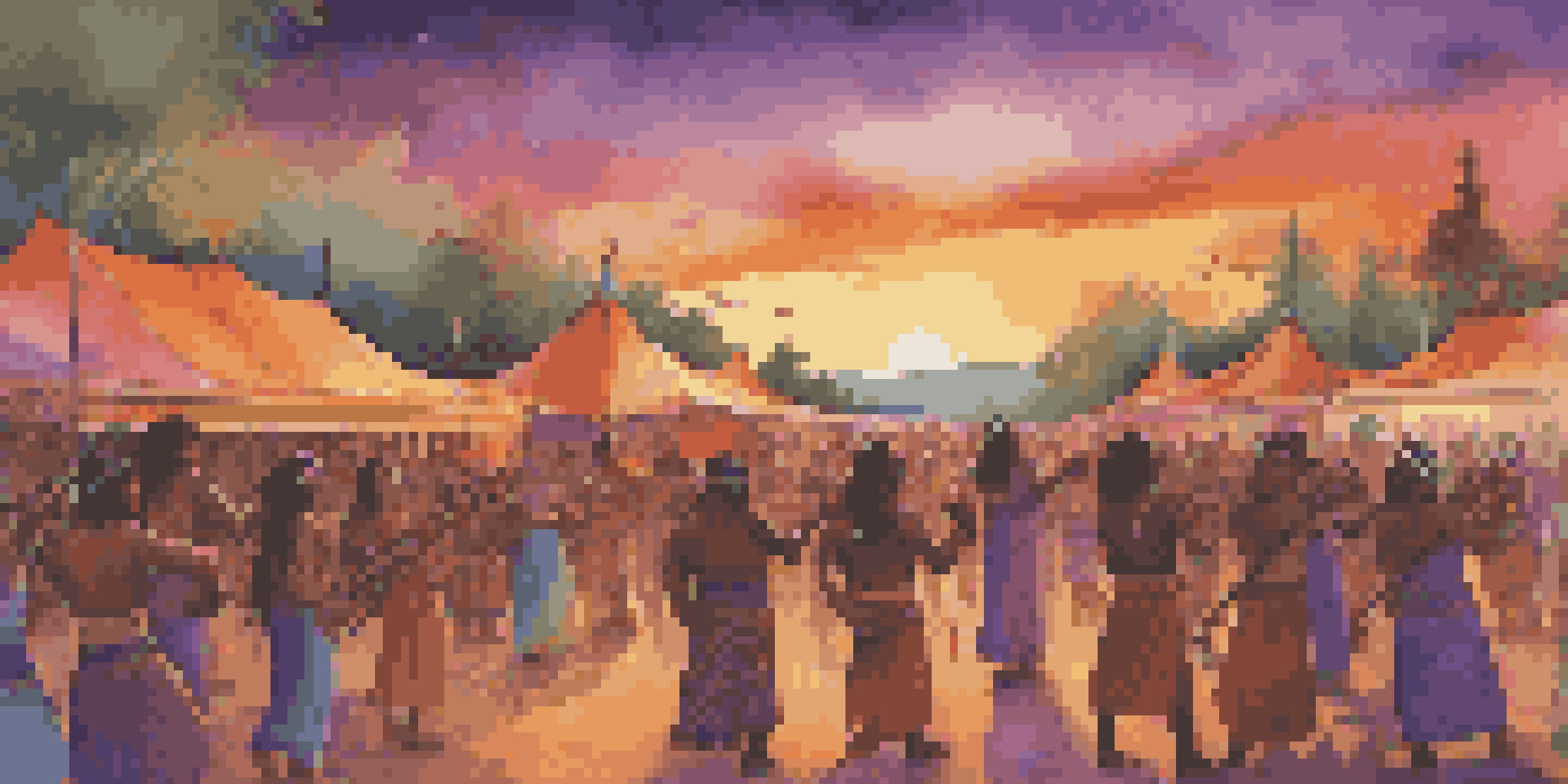An outdoor Indigenous music festival during sunset with musicians playing traditional instruments and an engaged audience dancing.