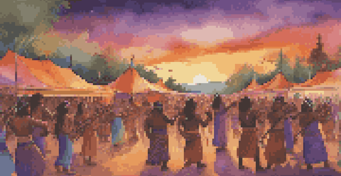 An outdoor Indigenous music festival during sunset with musicians playing traditional instruments and an engaged audience dancing.