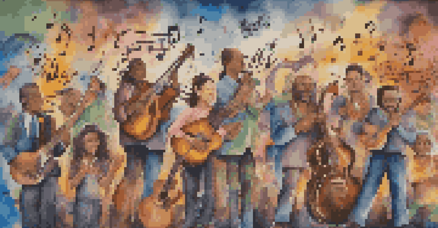 A colorful mural of iconic musicians holding symbols of peace, surrounded by musical notes and a cityscape background.