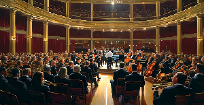 A concert hall with a diverse orchestra performing classical music, musicians in formal attire, warm lighting illuminating the instruments and audience.