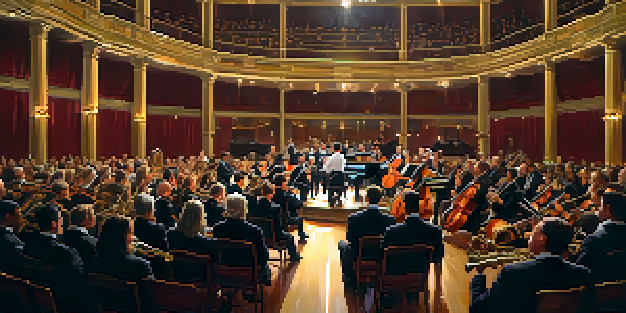 A concert hall with a diverse orchestra performing classical music, musicians in formal attire, warm lighting illuminating the instruments and audience.