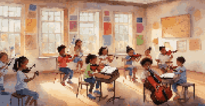 A lively classroom filled with children participating in a music lesson, playing instruments and singing under bright sunlight.