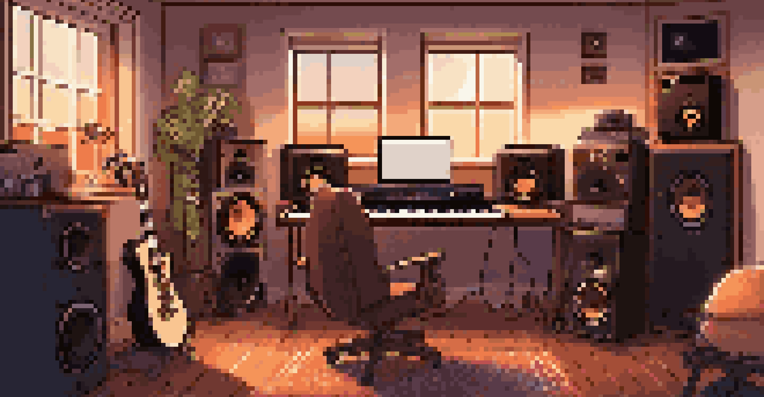 A cozy home music studio with instruments and technology, bathed in warm lighting and a sunset view.