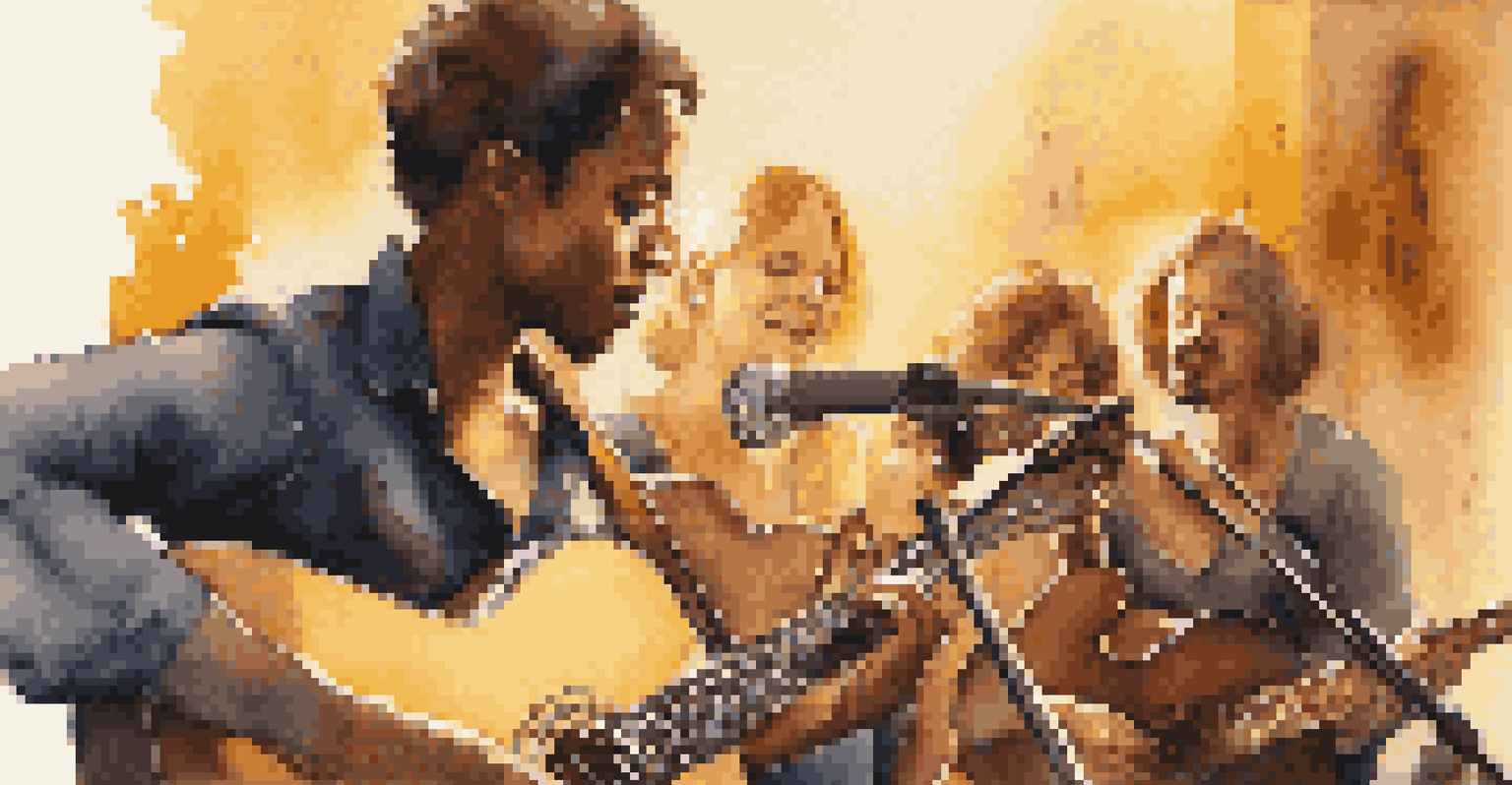 A musician playing an acoustic guitar, surrounded by an engaged audience, illuminated by warm lighting, conveying emotional connection.