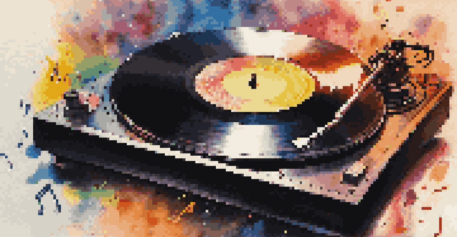 A close-up of a spinning vinyl record with colorful music notes swirling around it.
